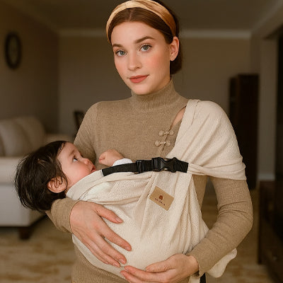 maman avec bébé couché - écharpe de portage beige rangement