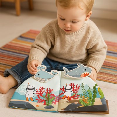 livre bébé en tissu - sensoriel - animaux marines