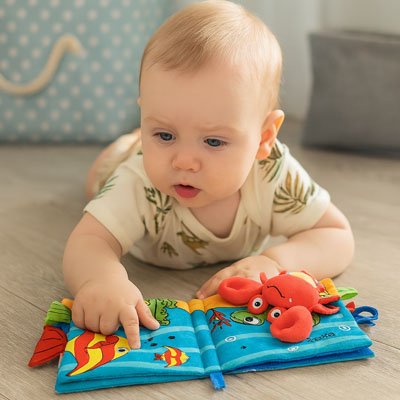 livre bébé en tissu - sensoriel éveil - crabe