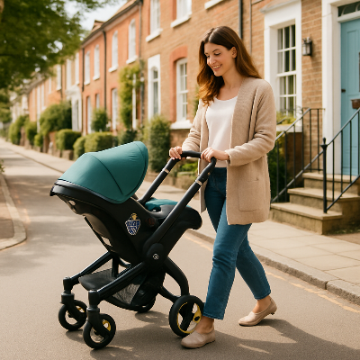 maman avec bébé dans la poussette verte 4 en 1