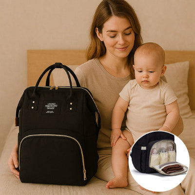 sac à langer noir - maman avec bébé et biberons